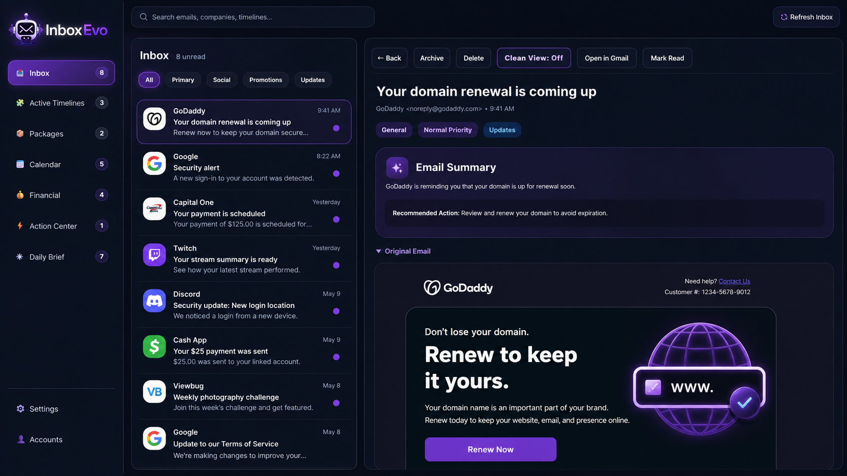 InboxEvo dashboard displaying an organized inbox, email summary, categories, and quick actions
